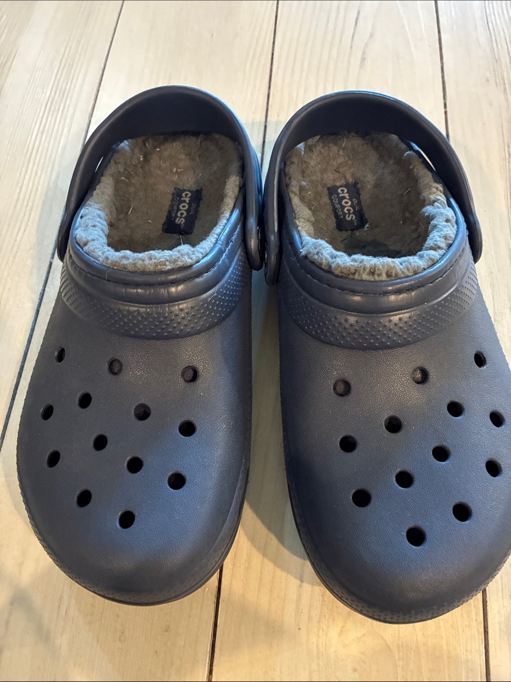 Navy blue fuzzy crocs